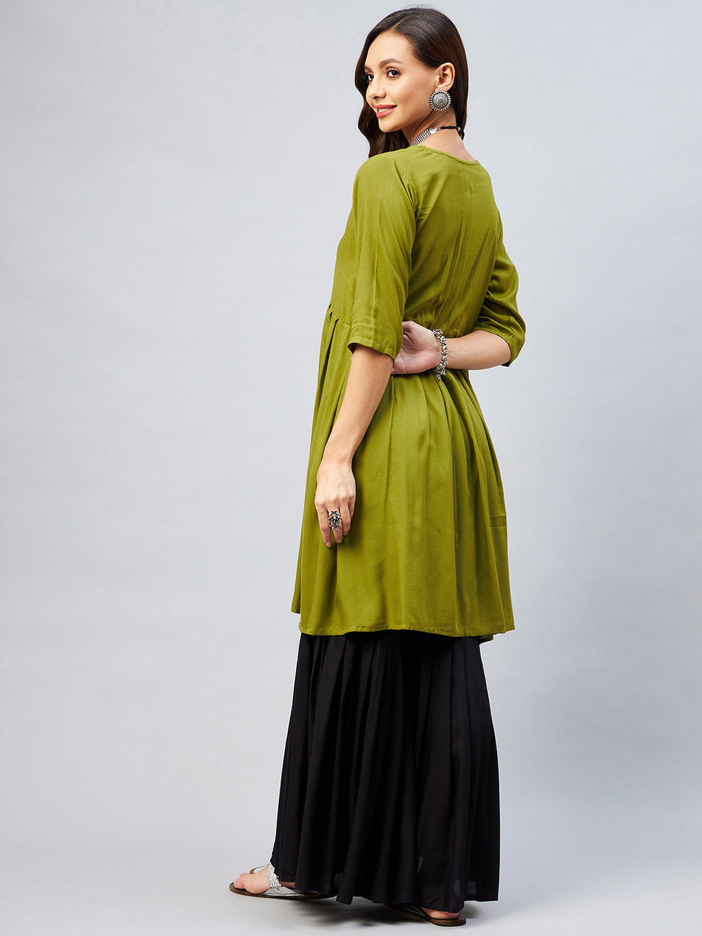 InWeave Women's Olive Short Anarkali Kurta