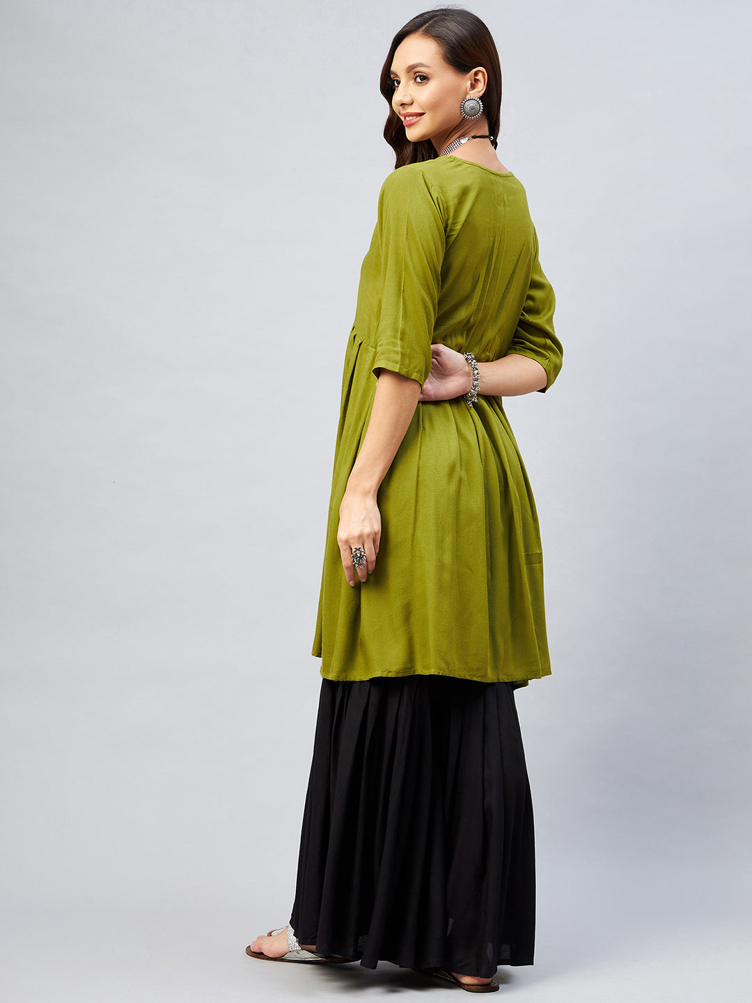InWeave Women's Olive Short Anarkali Kurta