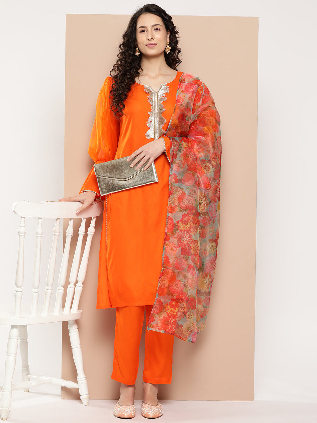 InWeave Women's Orange Organza Sleeve Kurta Set W Green Or Dupatta
