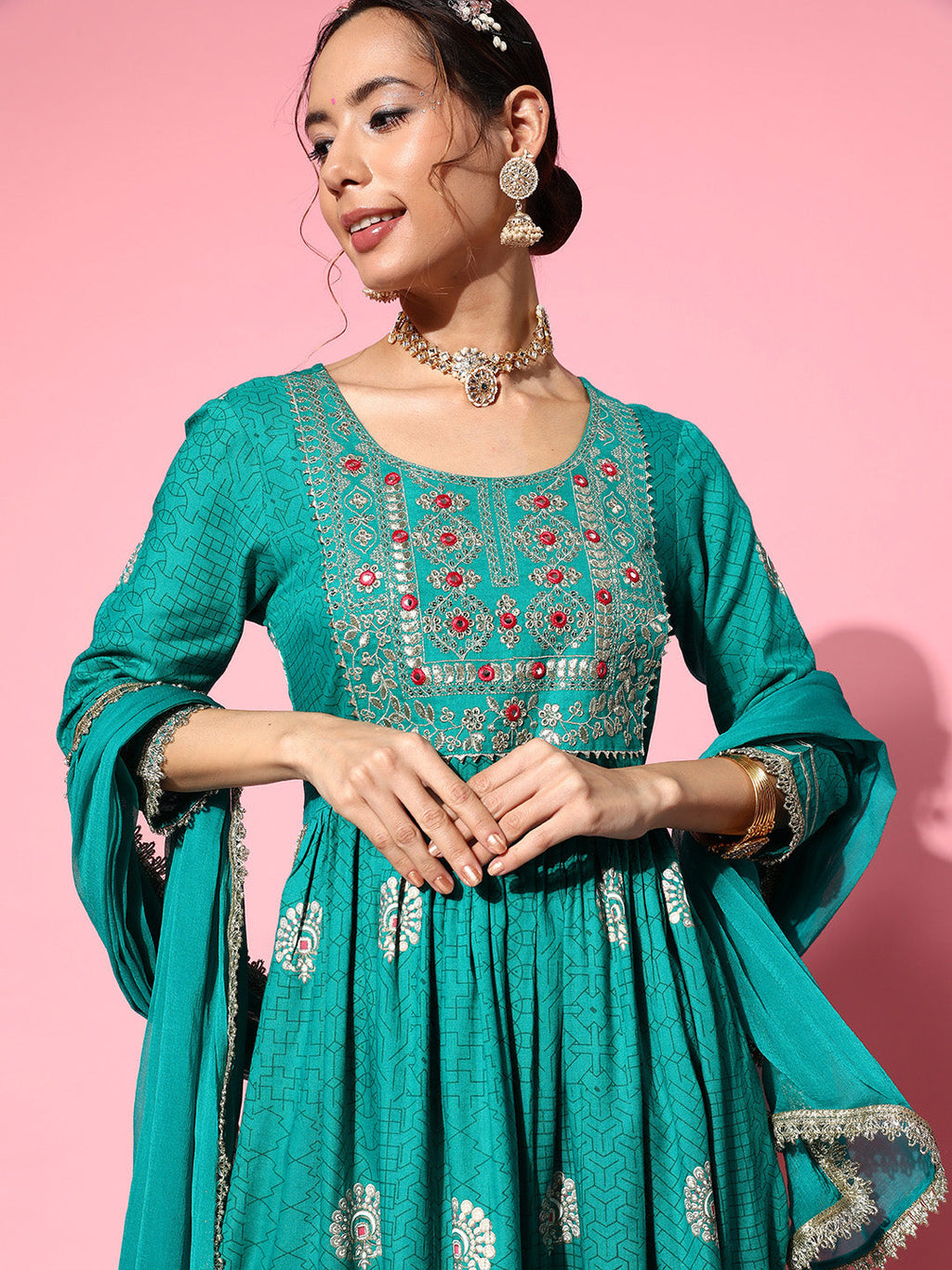 InWeave Women's Teal Nyra Cut Embroidered Kurta Set With Dupatta