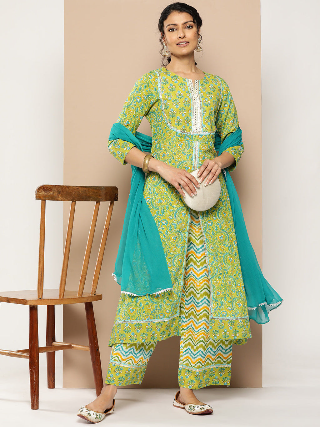 KSUT (House of Varanga) Green Floral Printed A-Line Kurta Paired With Printed Palazzo And Chiffon Dupatta