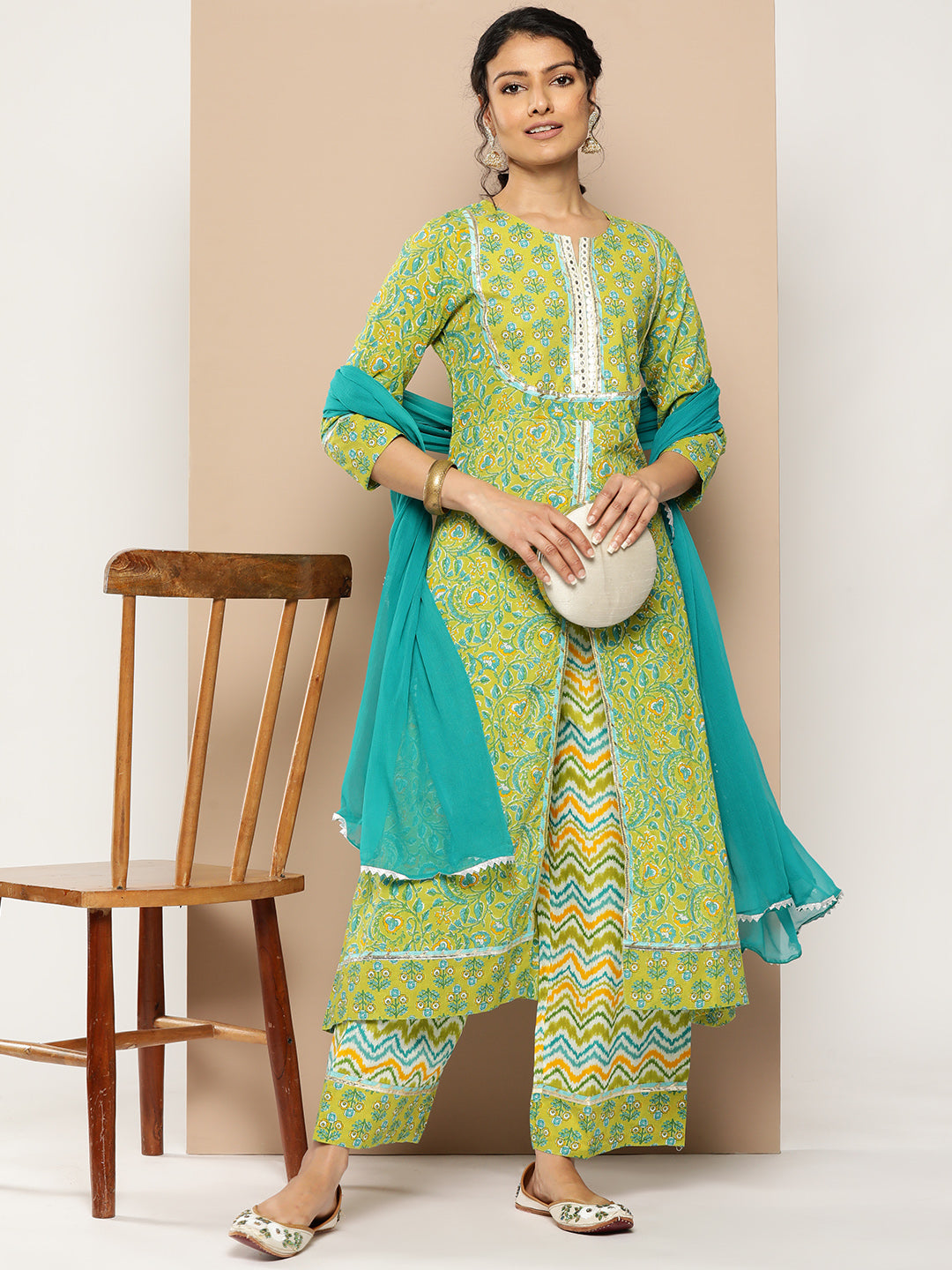 KSUT (House of Varanga) Green Floral Printed A-Line Kurta Paired With Printed Palazzo And Chiffon Dupatta
