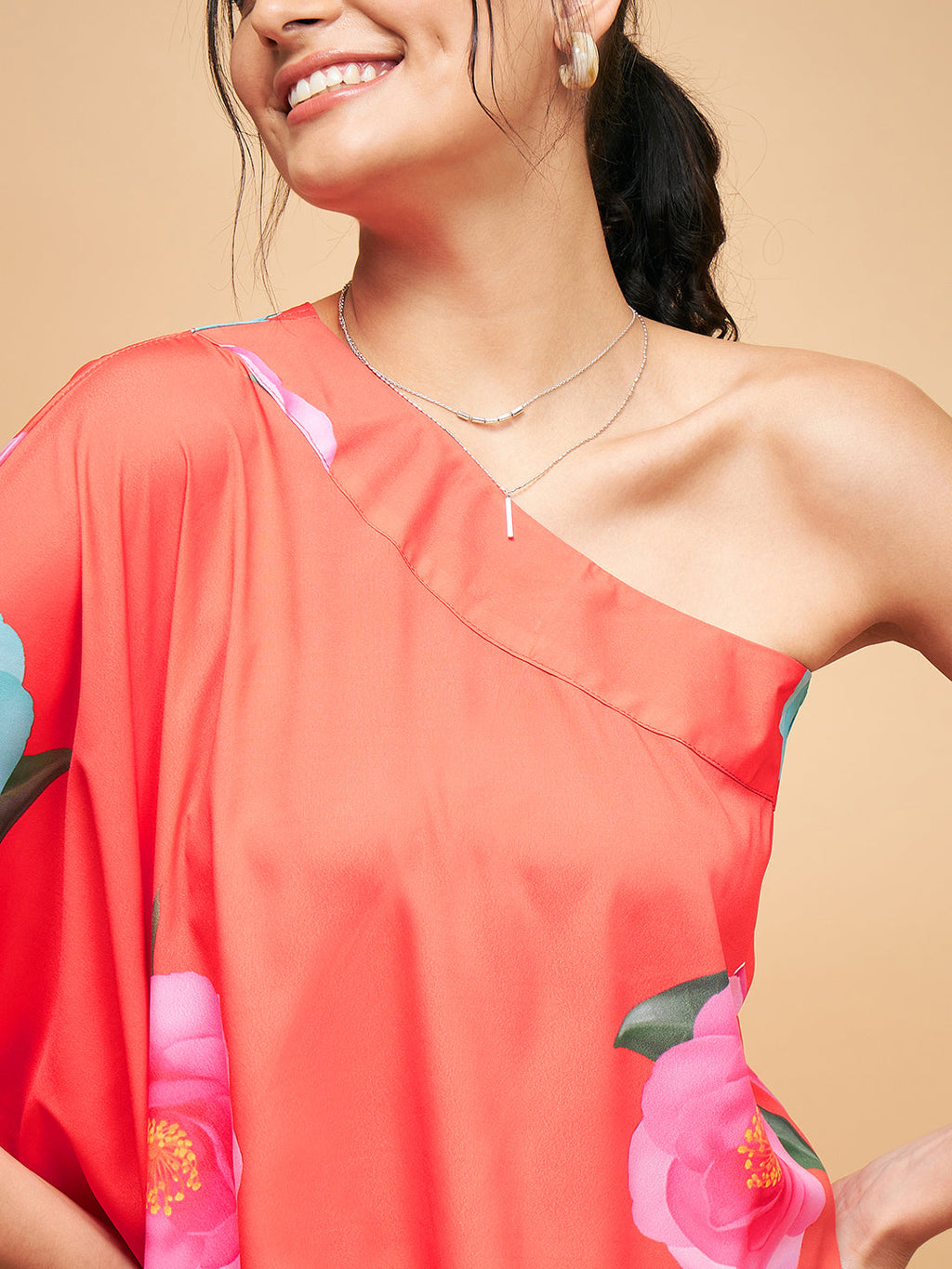 InWeave Women's Dark Orange Pink Blue Flower One Shoulder Kurta