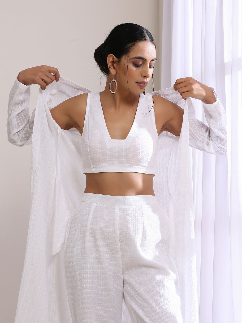 trueBrowns White Dobby Overlay Jacket Blouse Pant Set