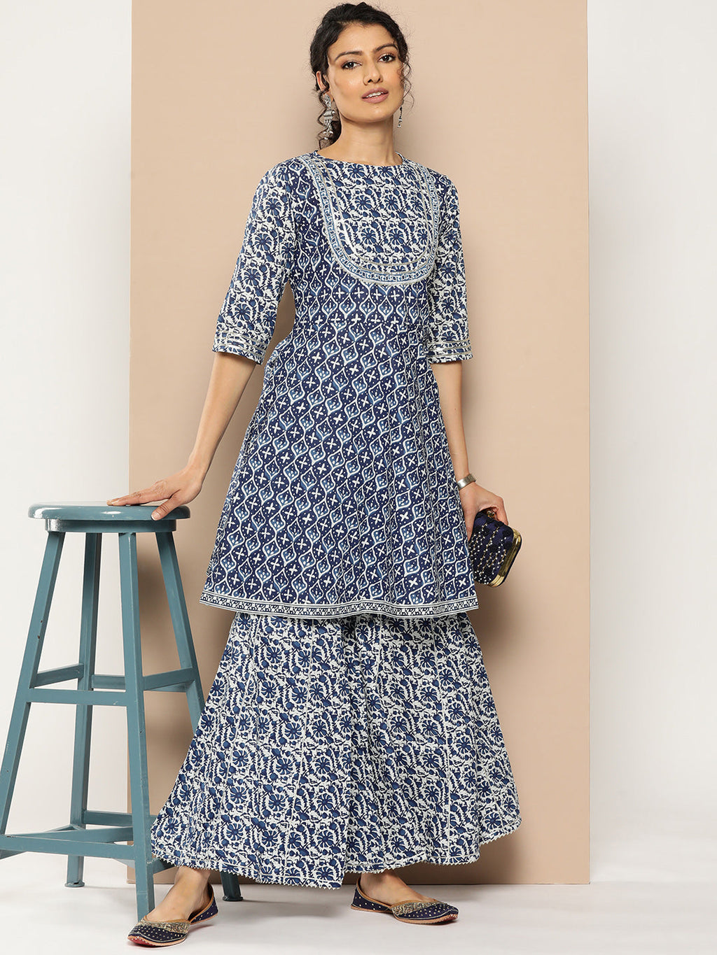KSUT (House of Varanga) Indigo And White Floral Printed Flared Kurta Sharara Set