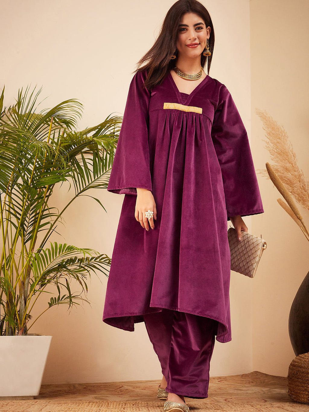 InWeave Women's Wine V Neck Asymmetrical Pleated Velvet Kurta Set