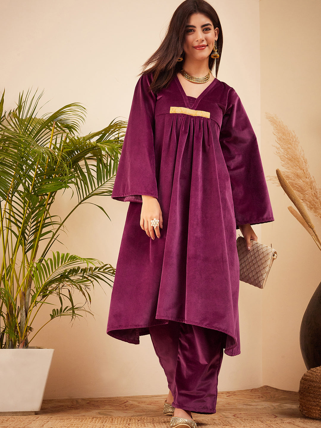 InWeave Women's Wine V Neck Asymmetrical Pleated Velvet Kurta Set