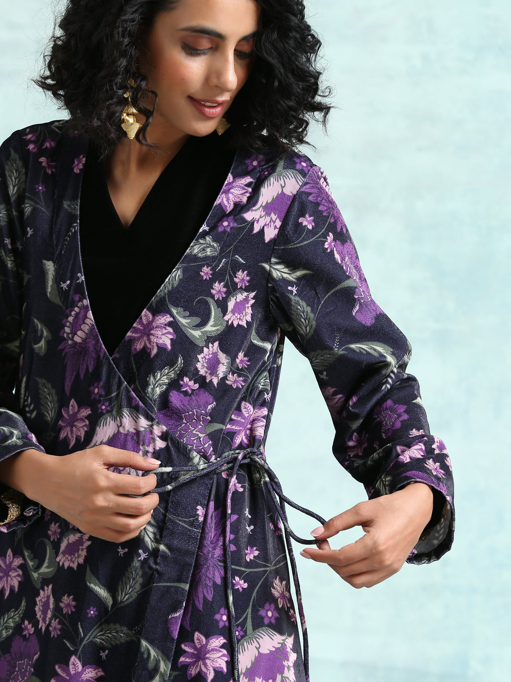 trueBrowns Black Printed Velvet Angrakha Jacket