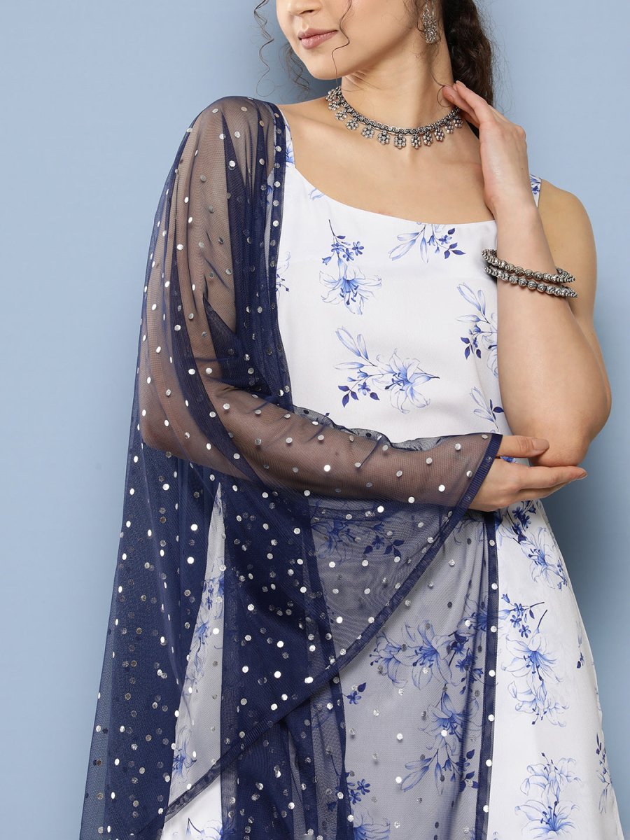 Ahalyaa Women White Floral Printed Sequinned Kurta with Sharara & With Dupatta