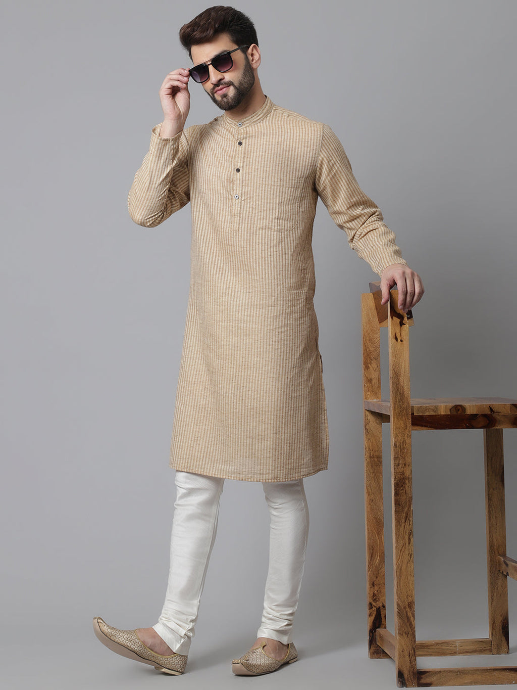 Indian Clothing Even Apparels Beige Solid Kurta With Band Collar