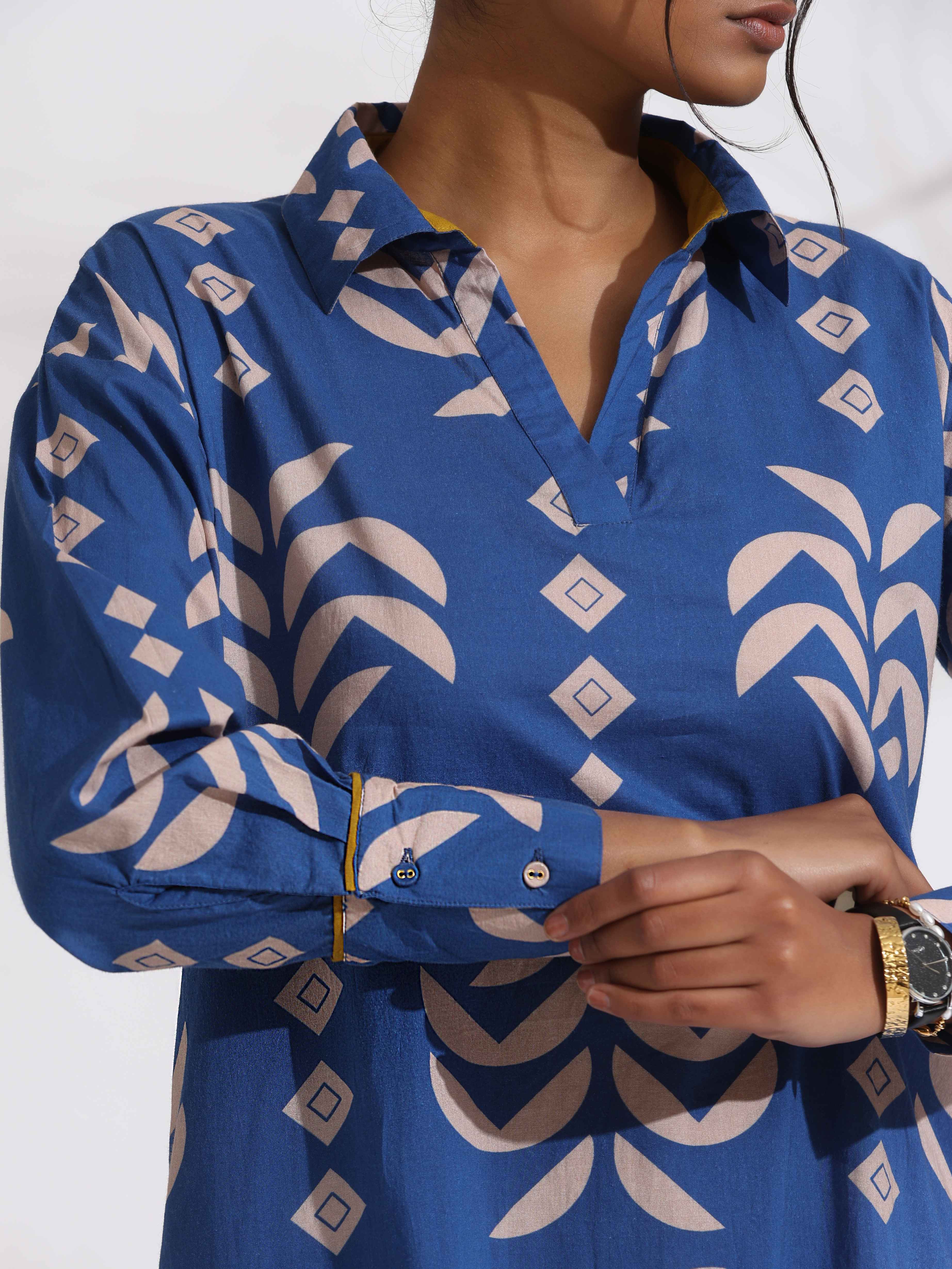 trueBrowns Blue Cotton Stripe Print Kurta Set