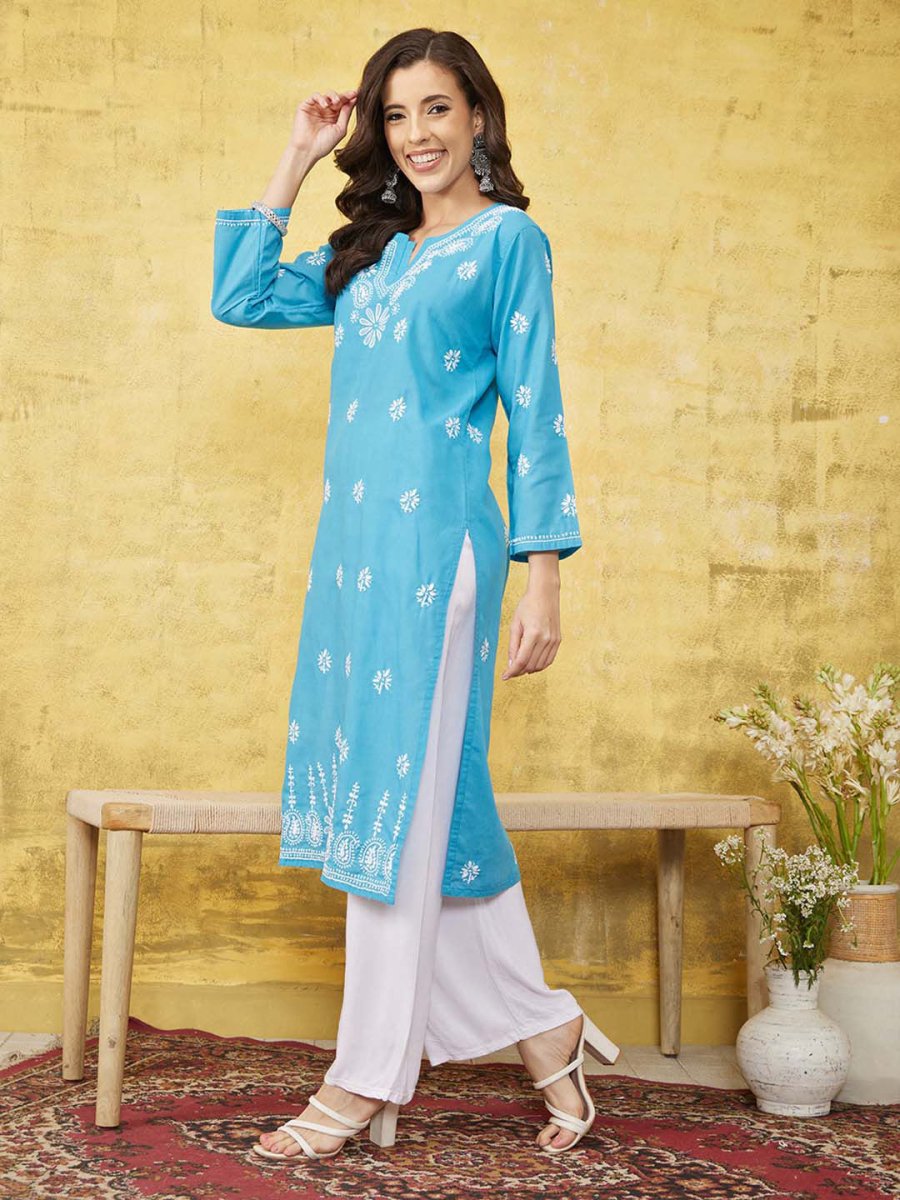 ADA Floral Lucknowi Chikankari Straight Kurta