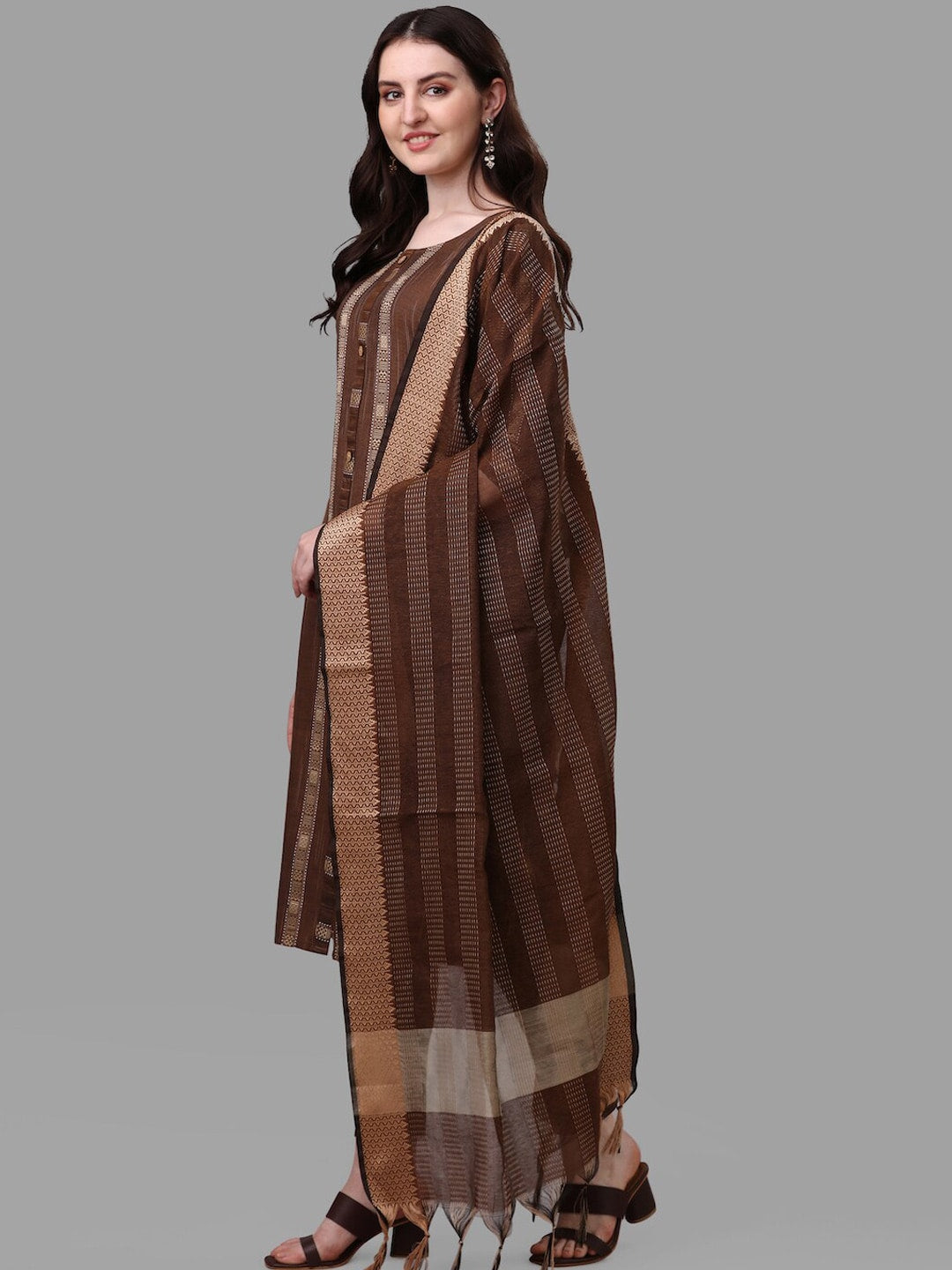 HERE&NOW Brown Striped Regular Pure Cotton Kurta With Trousers & Dupatta