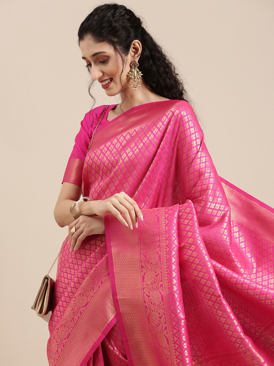 Saree Mall Pink Ethnic Motifs Zari Silk Blend Banarasi Saree For Women