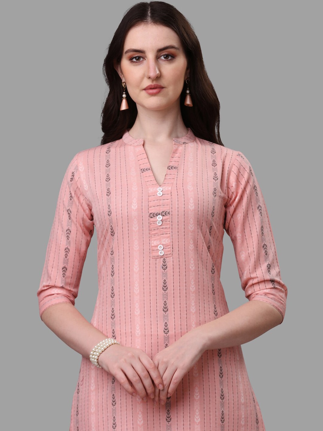 HERE&NOW Women Peach Striped Pure Cotton Kurta with Trousers & With Dupatta