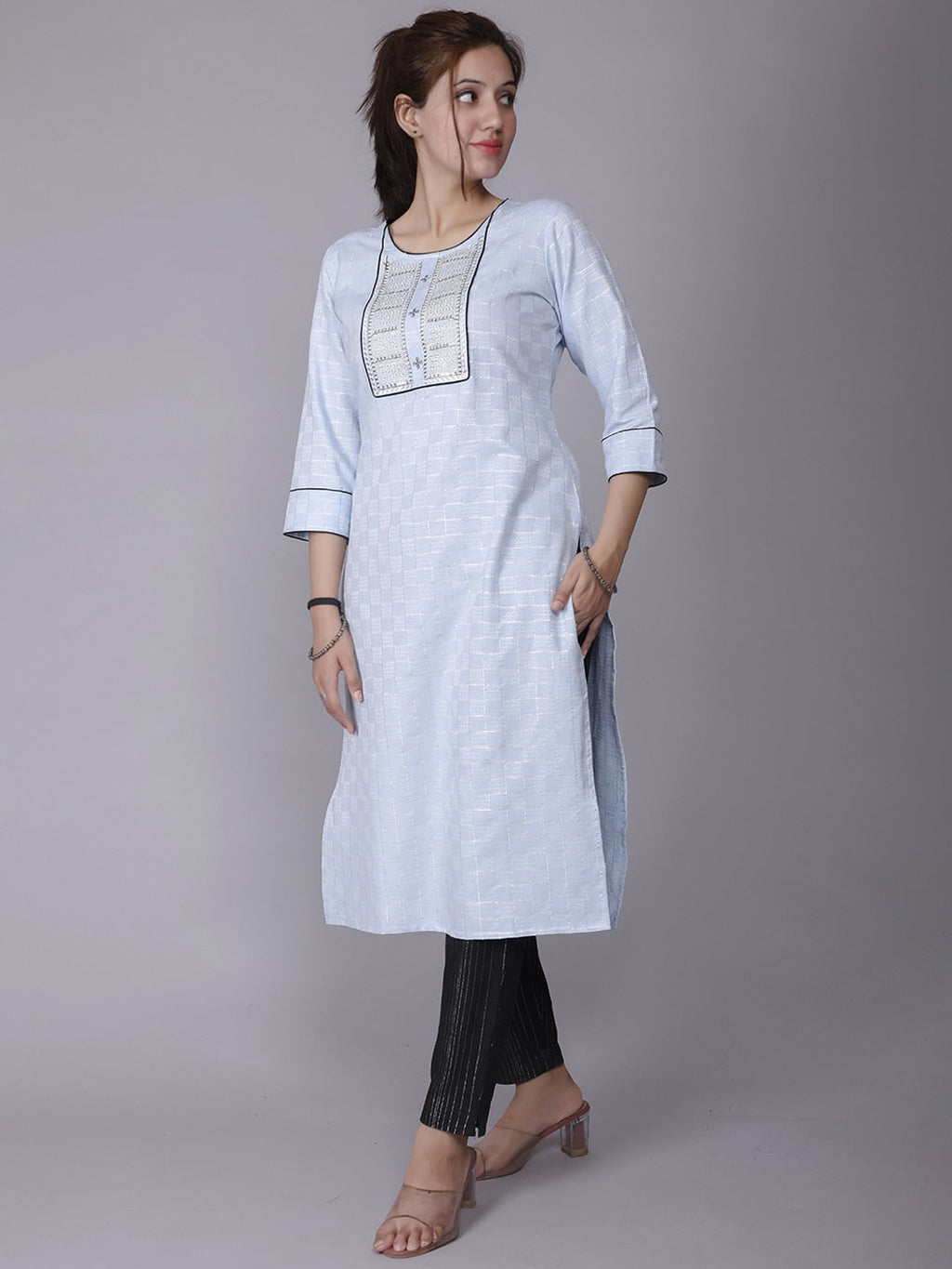 HERE&NOW Women Blue Yoke Design Pure Cotton Thread Work Kurta