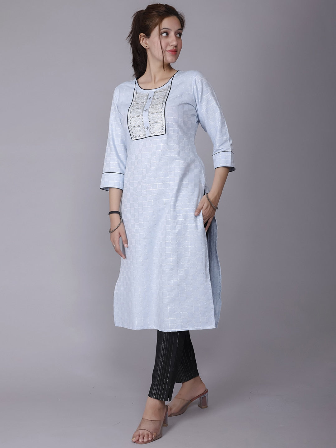 HERE&NOW Women Blue Yoke Design Pure Cotton Thread Work Kurta
