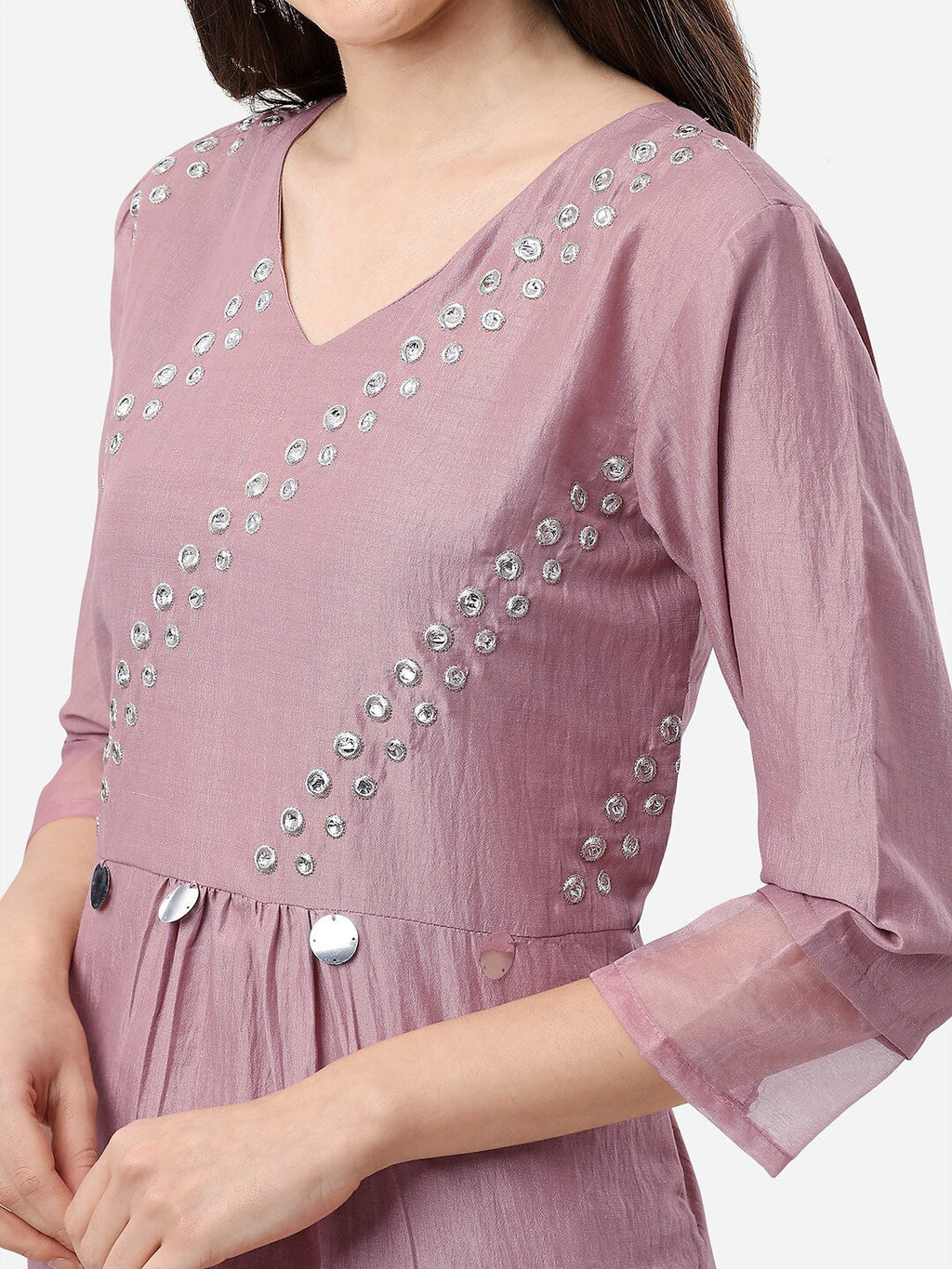HERE&NOW Women Mauve Embroidered Pleated Mirror Work Kurta with Trousers