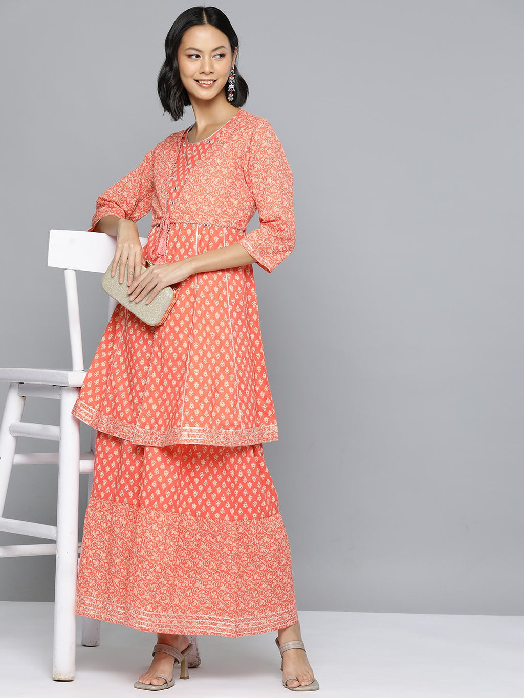 HERE&NOW Ethnic Motifs Print High Slit Cotton Kurta with Sharara
