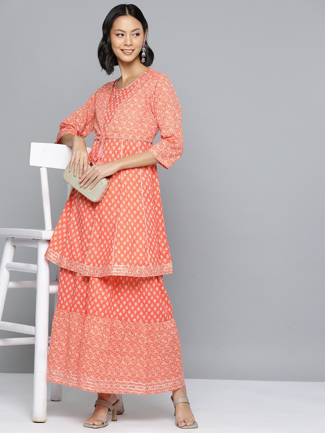 HERE&NOW Ethnic Motifs Print High Slit Cotton Kurta with Sharara