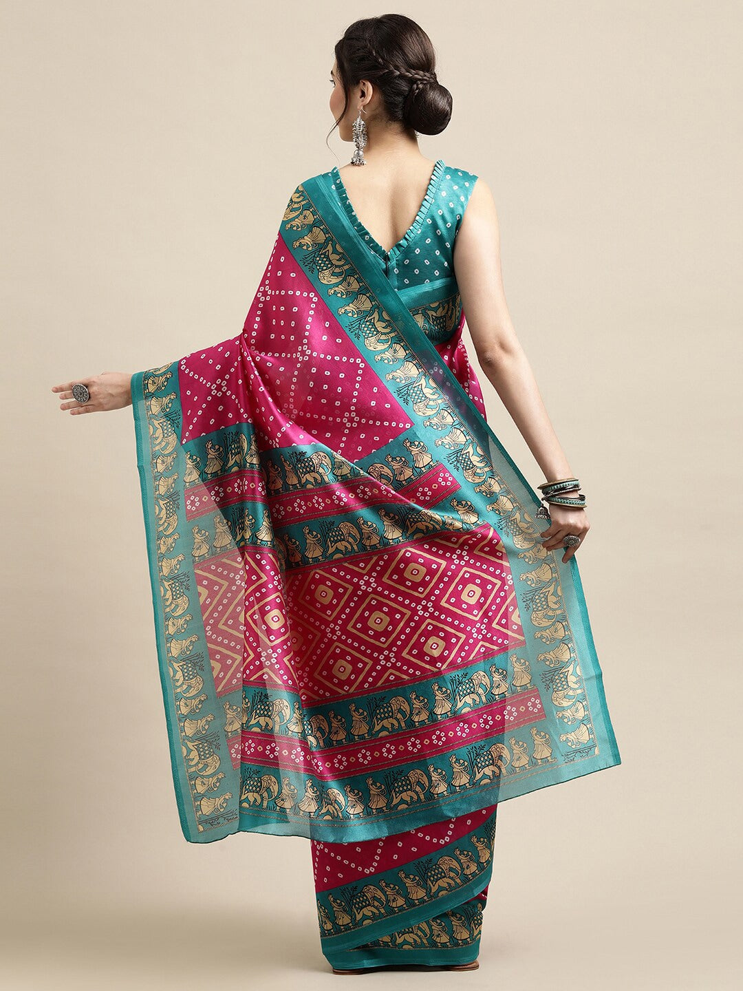 Saree Mall Pink & Teal Bandhani Printed Saree