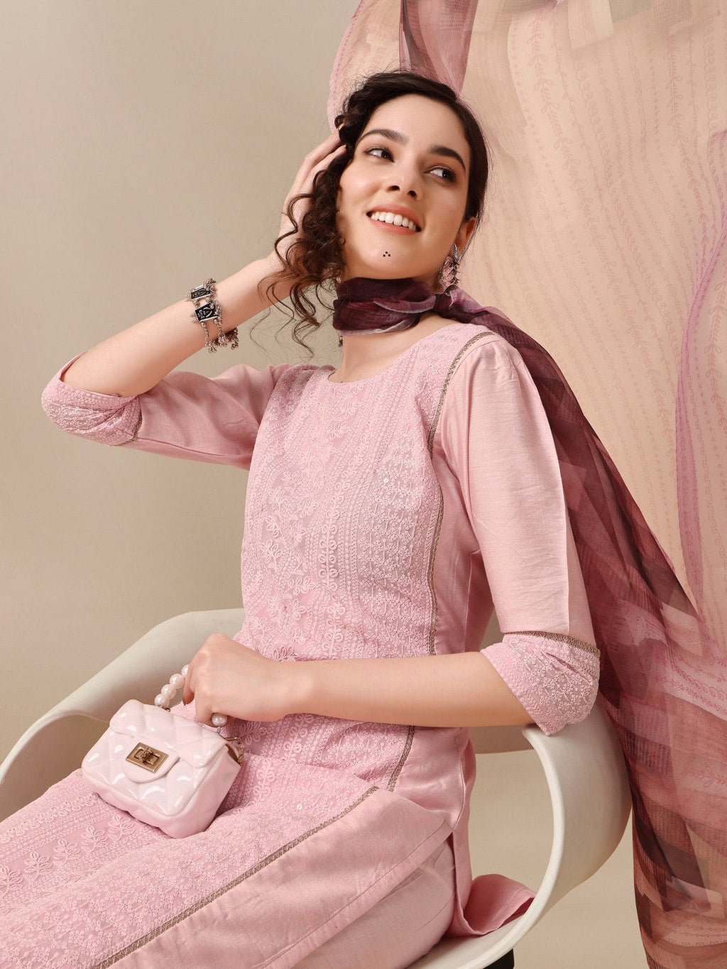 HERE&NOW Lucknowi Chikankari Schiffli Chanderi Silk Kurta Trousers with Organza Dupatta