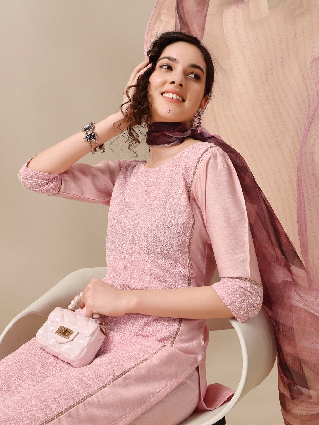 HERE&NOW Lucknowi Chikankari Schiffli Chanderi Silk Kurta Trousers with Organza Dupatta