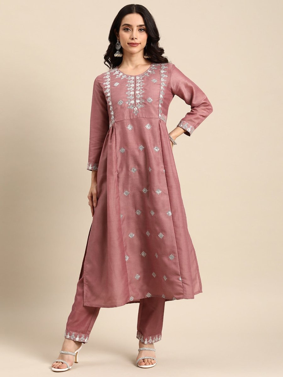All About You Ethnic Motifs Embroidered Pleated Sequinned Kurta with Trousers