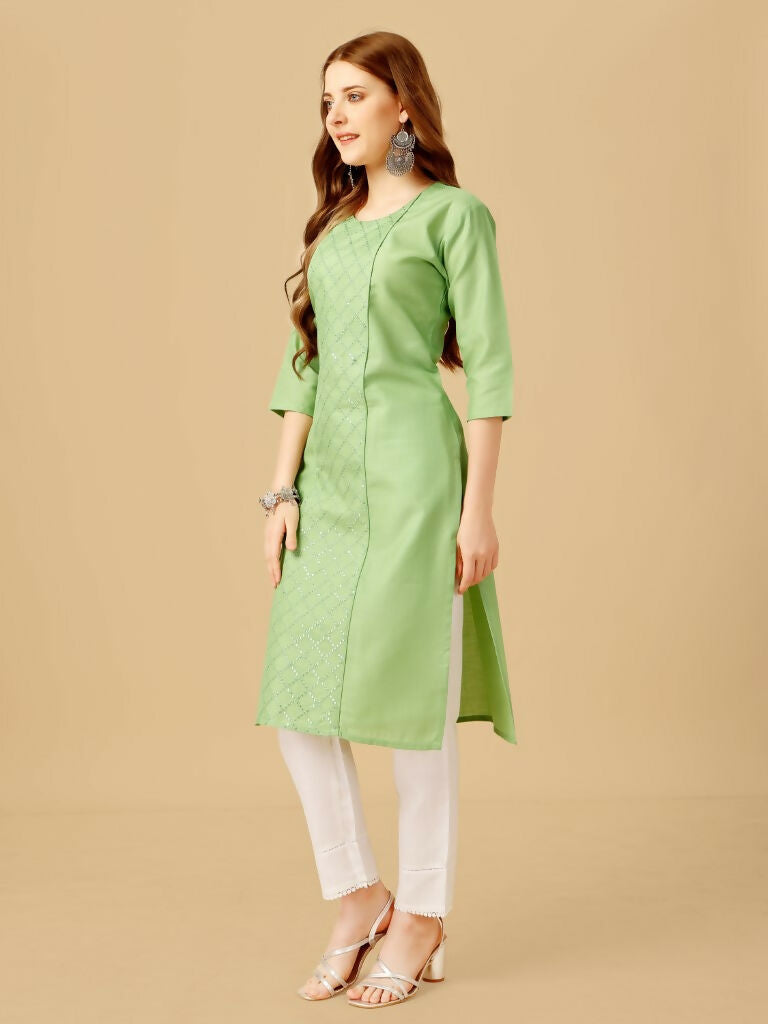Jyoti Fashion Women's Lime Green Cotton Blend Embroidered Kurta Pant Set