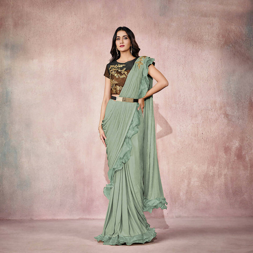 Sea Green Lycra Embroidery Designer Saree With Blouse - Mohmanthan Sitaarah