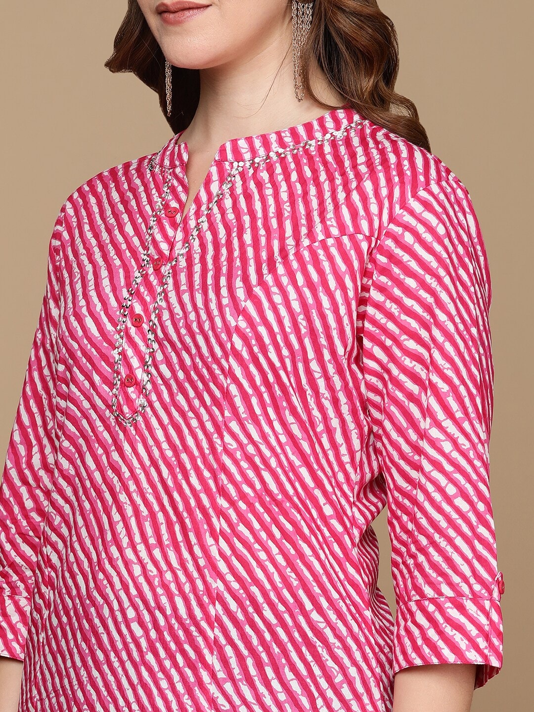 HERE&NOW Pink & White Striped Sequined Straight Cotton Kurta