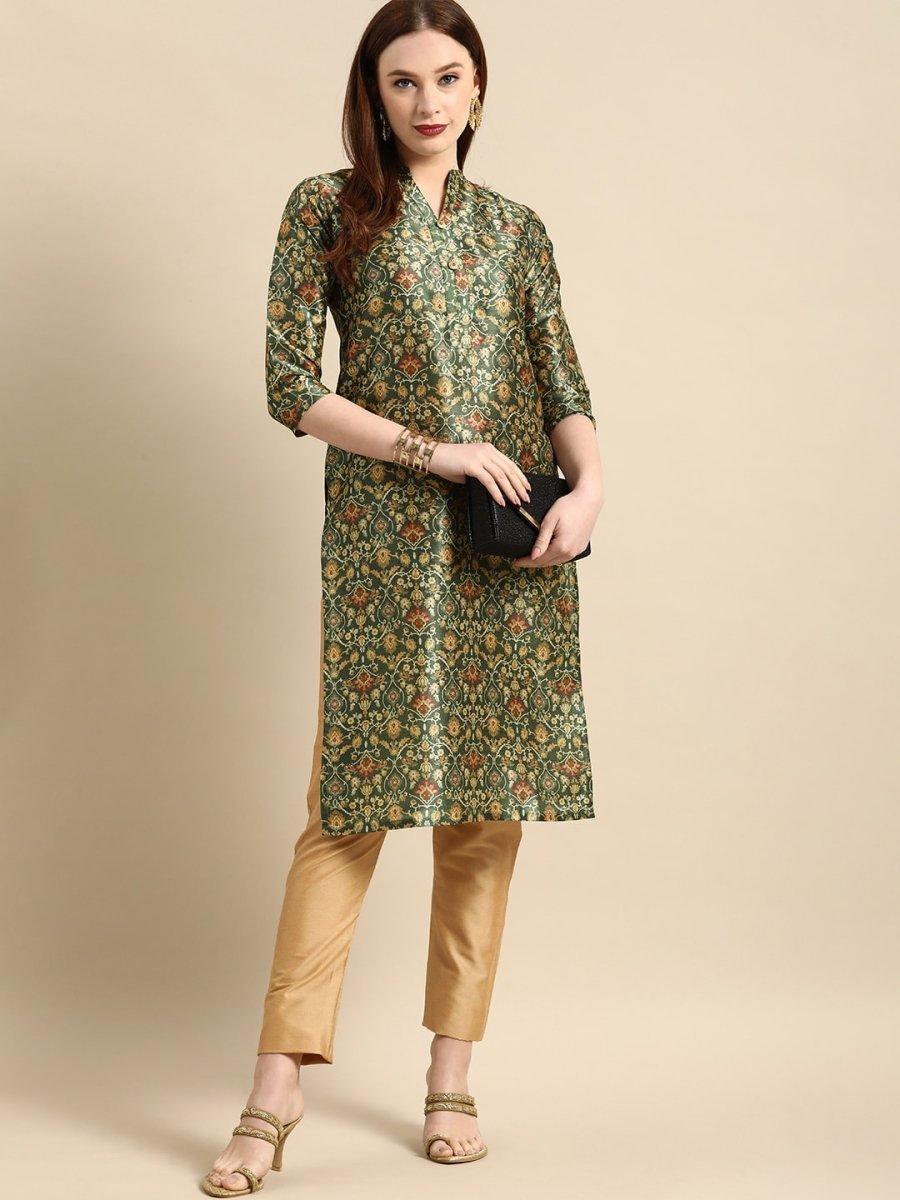 All About You Women Green & Mustard Yellow Ethnic Motifs Print Chanderi Silk Blend Kurta