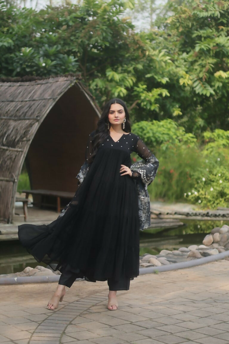 Jyoti Fashion Women's Black Faux Blooming Butti Work Kurta with Trouser & Dupatta
