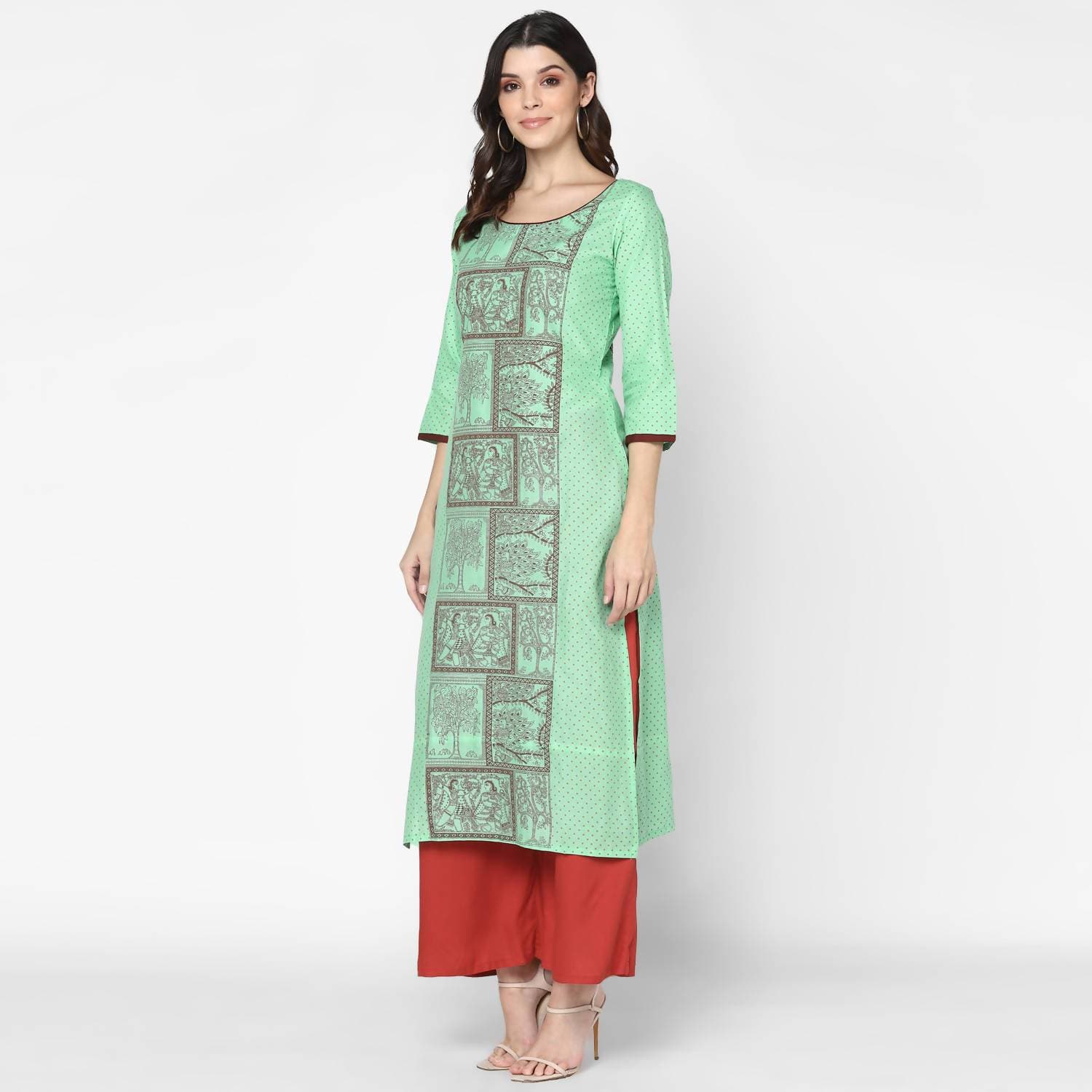 Cheera Hand Block Print Light Green Anarkali Kurta (MAAI-064K)