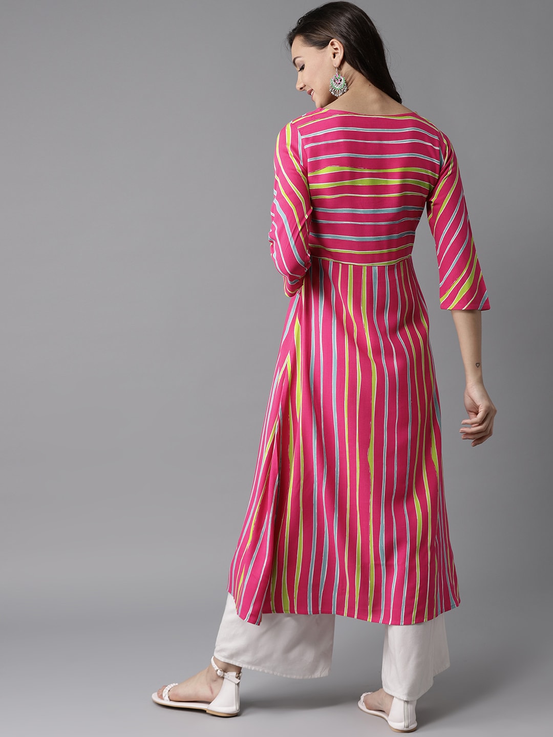 HERE&NOW Women Stripes & Tie-Up A-Line Viscose Kurta