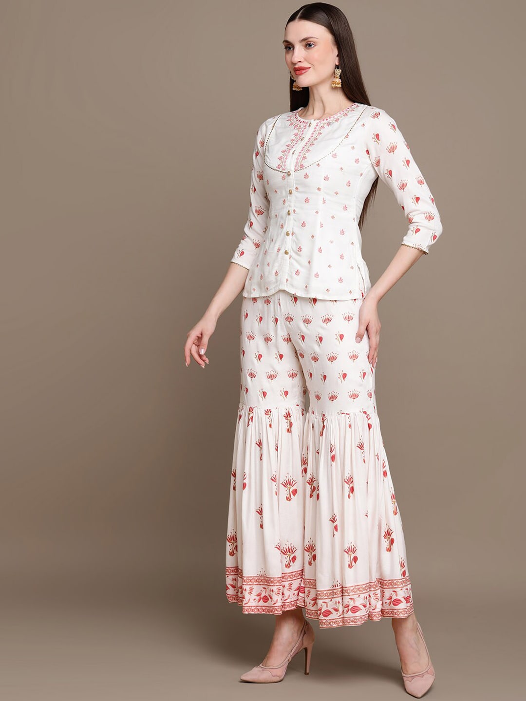 HERE&NOW Floral Embroidered Top with Sharara & Dupatta