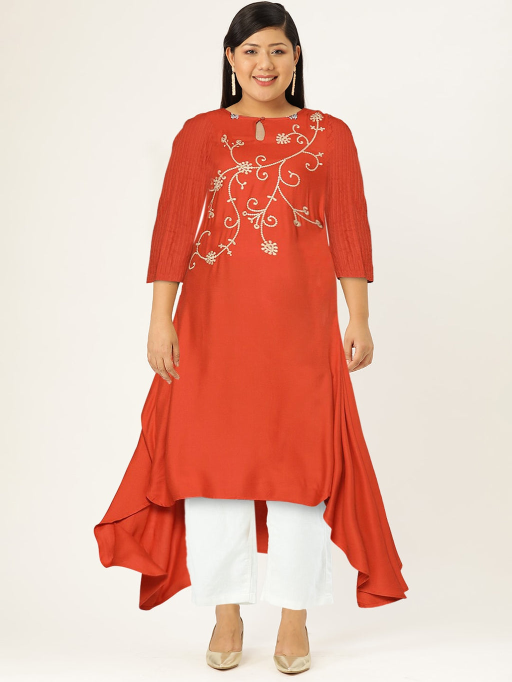 HERE&NOW Mirror Work Embroidered Keyhole Neck Asymmetric Dipped Hem Kurta