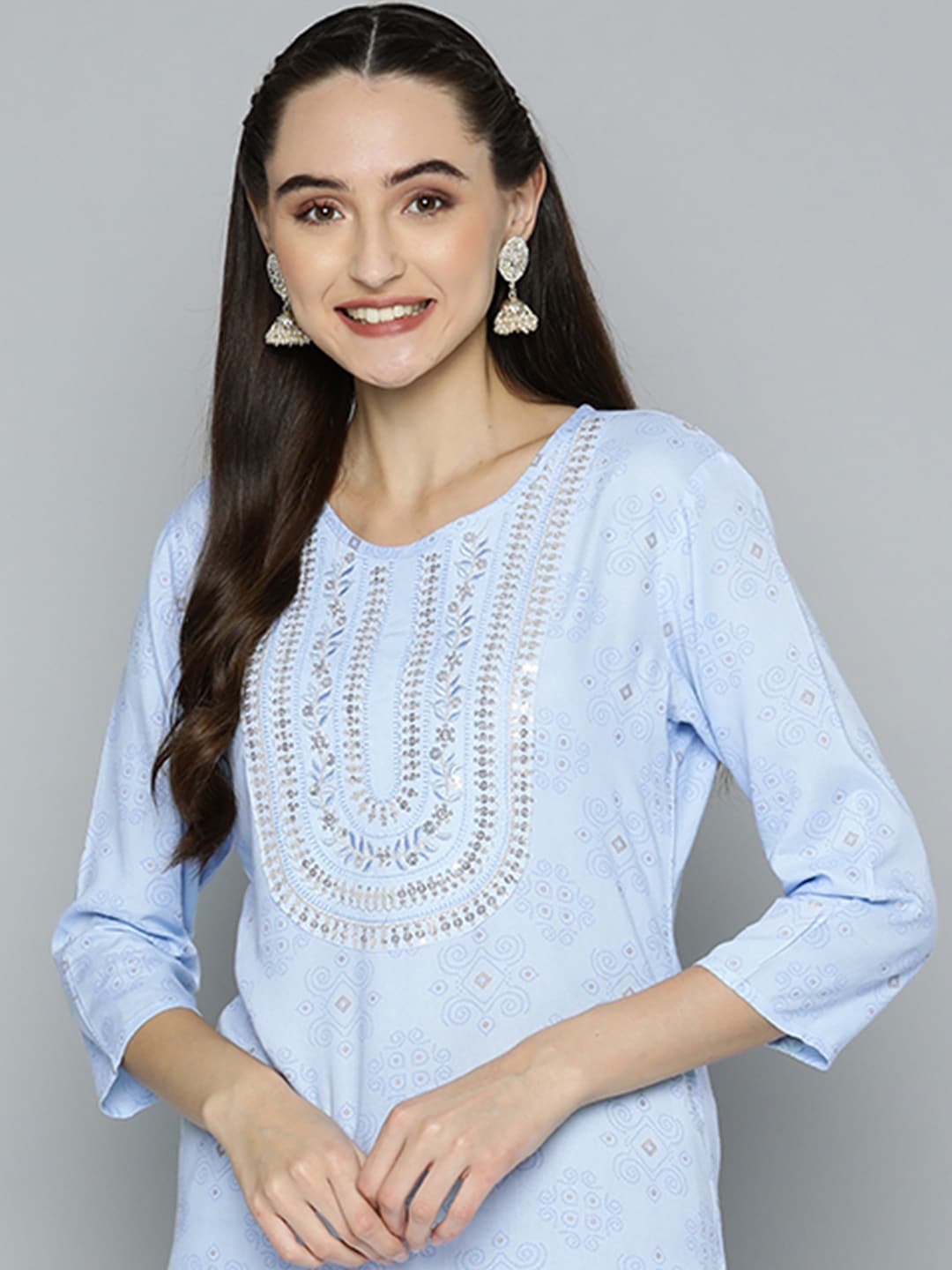 HERE&NOW Women Blue Ethnic Motifs Printed Embroidered Sequin Detail Kurta