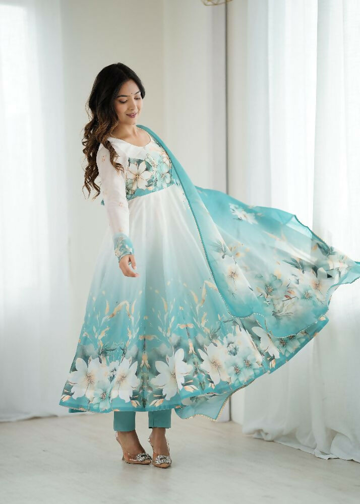 Joban Fashion Aqua Blue Kurta Set Organza Sequin Embroidery Work