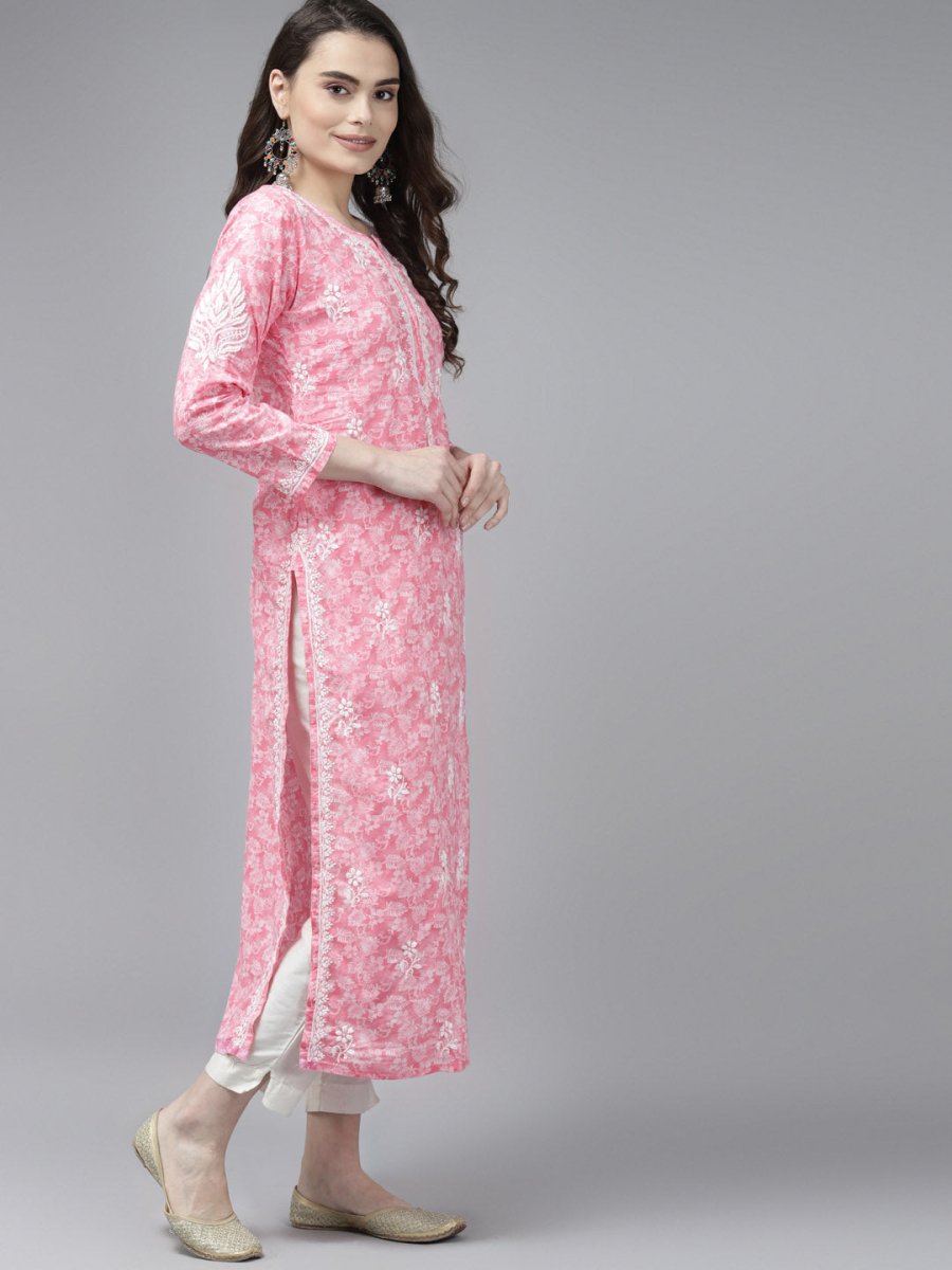 ADA Women Pink & White Floral Chikankari Cotton Handloom Kurta