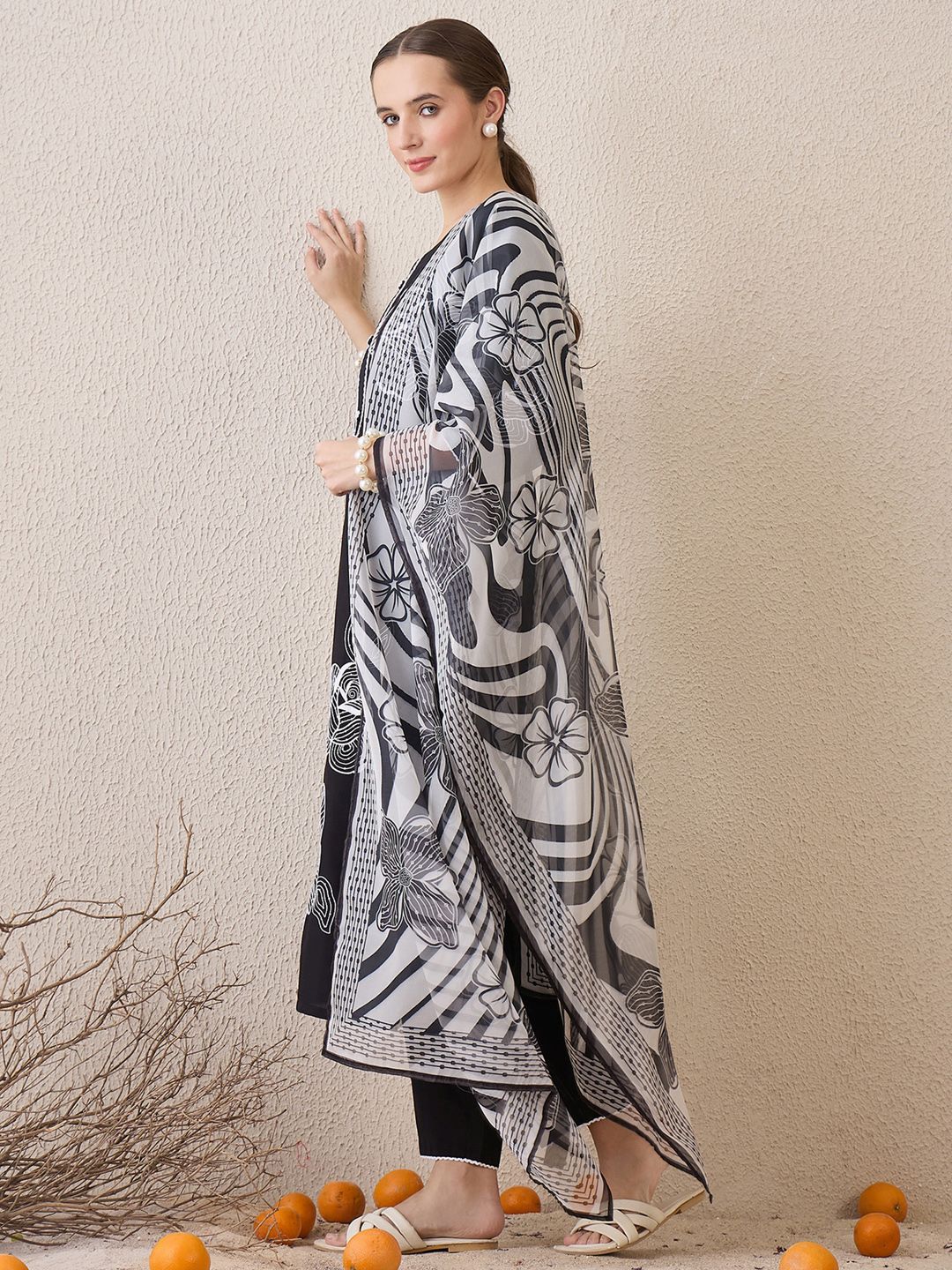 Indo Era Floral Embroidered Round Neck Sequinned Linen Kurta With Trousers & Dupatta