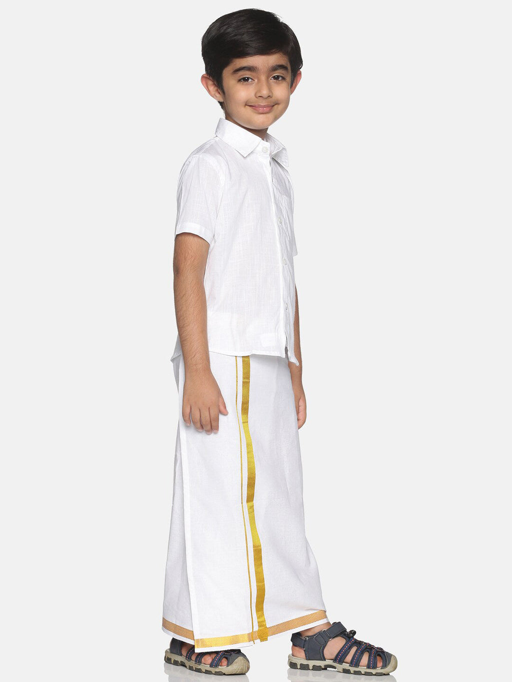 Sethukrishna Boys White & Gold-Toned Pure Cotton Solid Shirt and Veshti Set