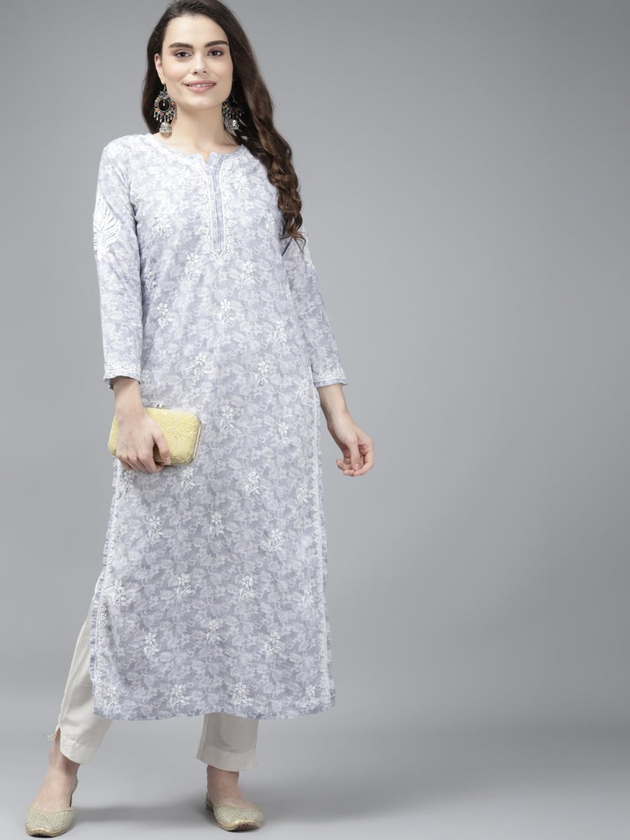 ADA Women Grey & White Floral Chikankari Cotton Handloom Kurta