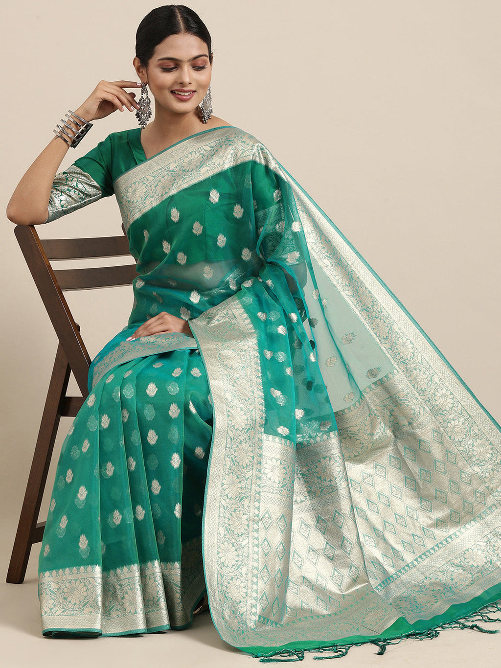 Saree Mall Green Ethnic Motifs Zari Organza Banarasi Saree