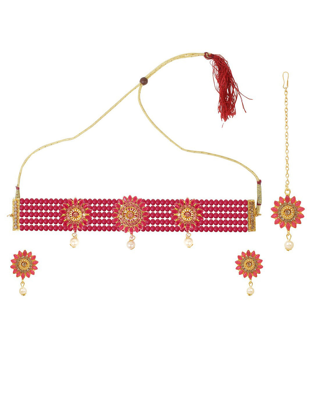 Cardinal Gold-Toned & Pink Onyx-Studded & Beaded Jewellery Set