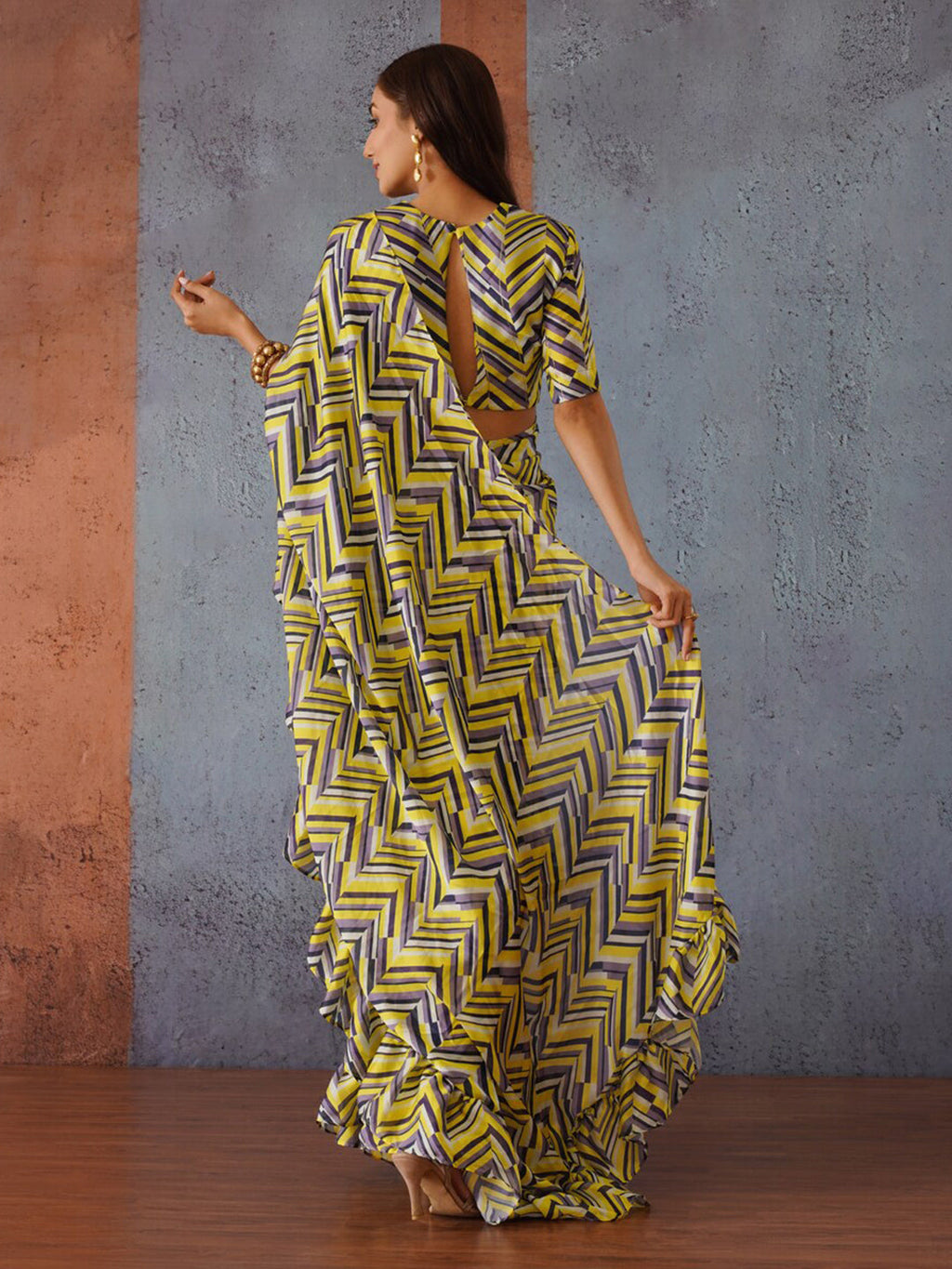 Tikhi Imli Geometric Digital Printed Ruffled Ready to Wear Saree