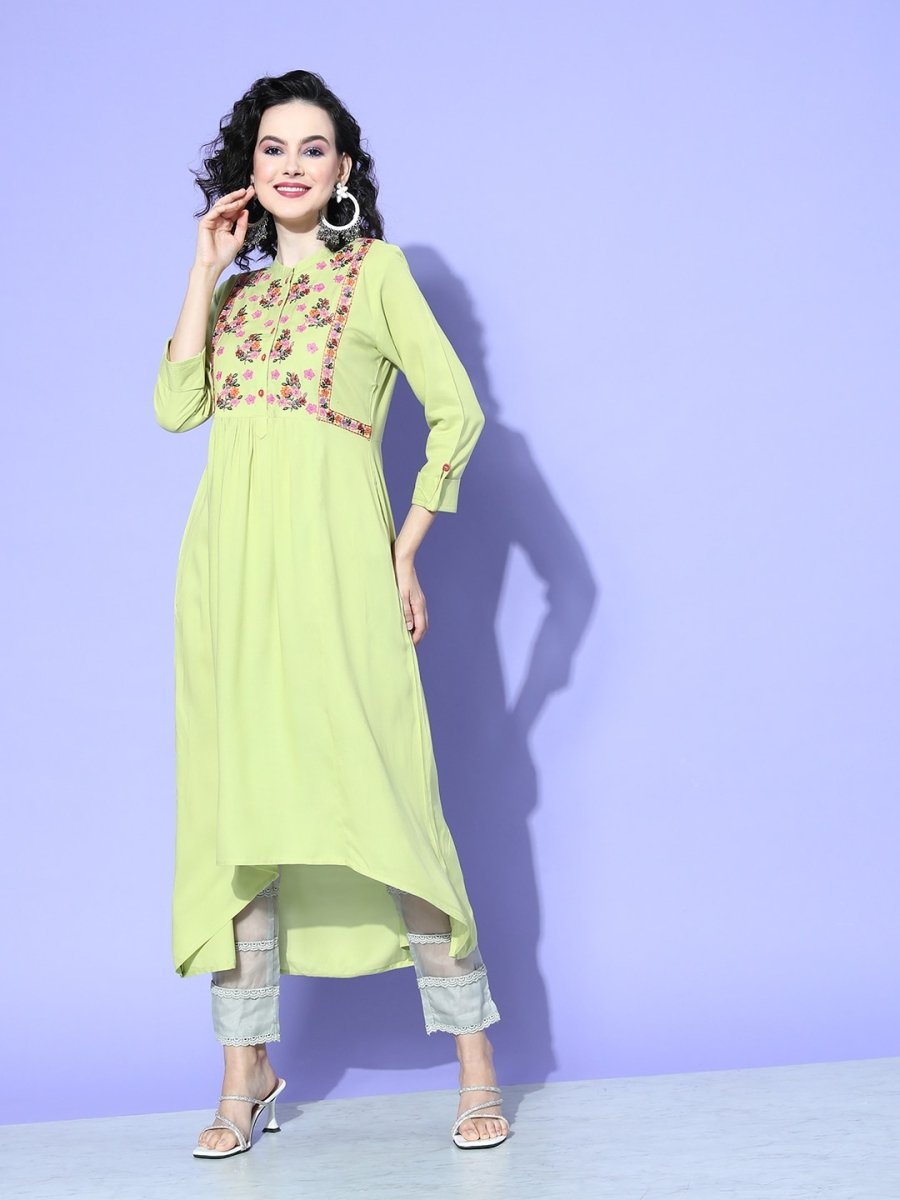 All About You Women Green Floral Embroidered Mirror Work Floral Anarkali Kurta