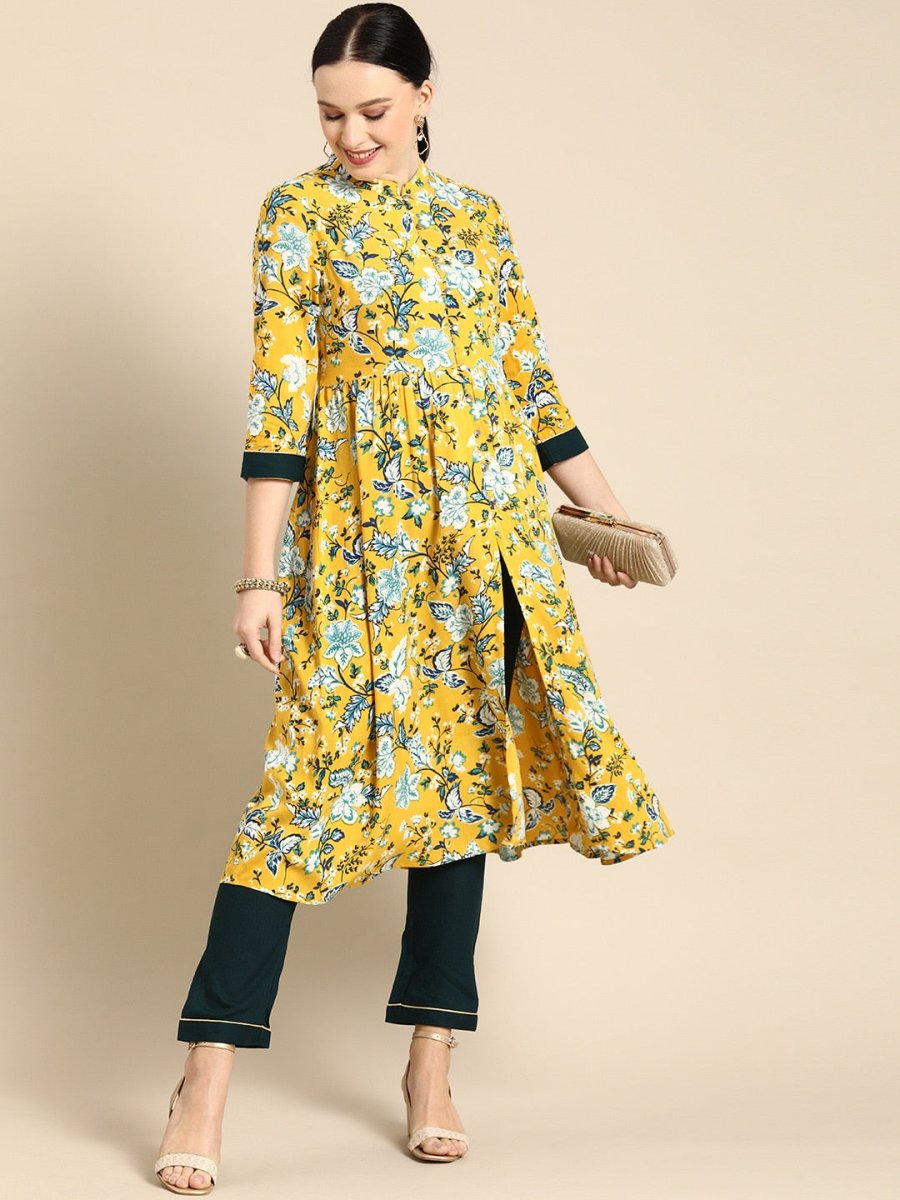 All About You Women Yellow Floral Print Regular Kurta with Trousers