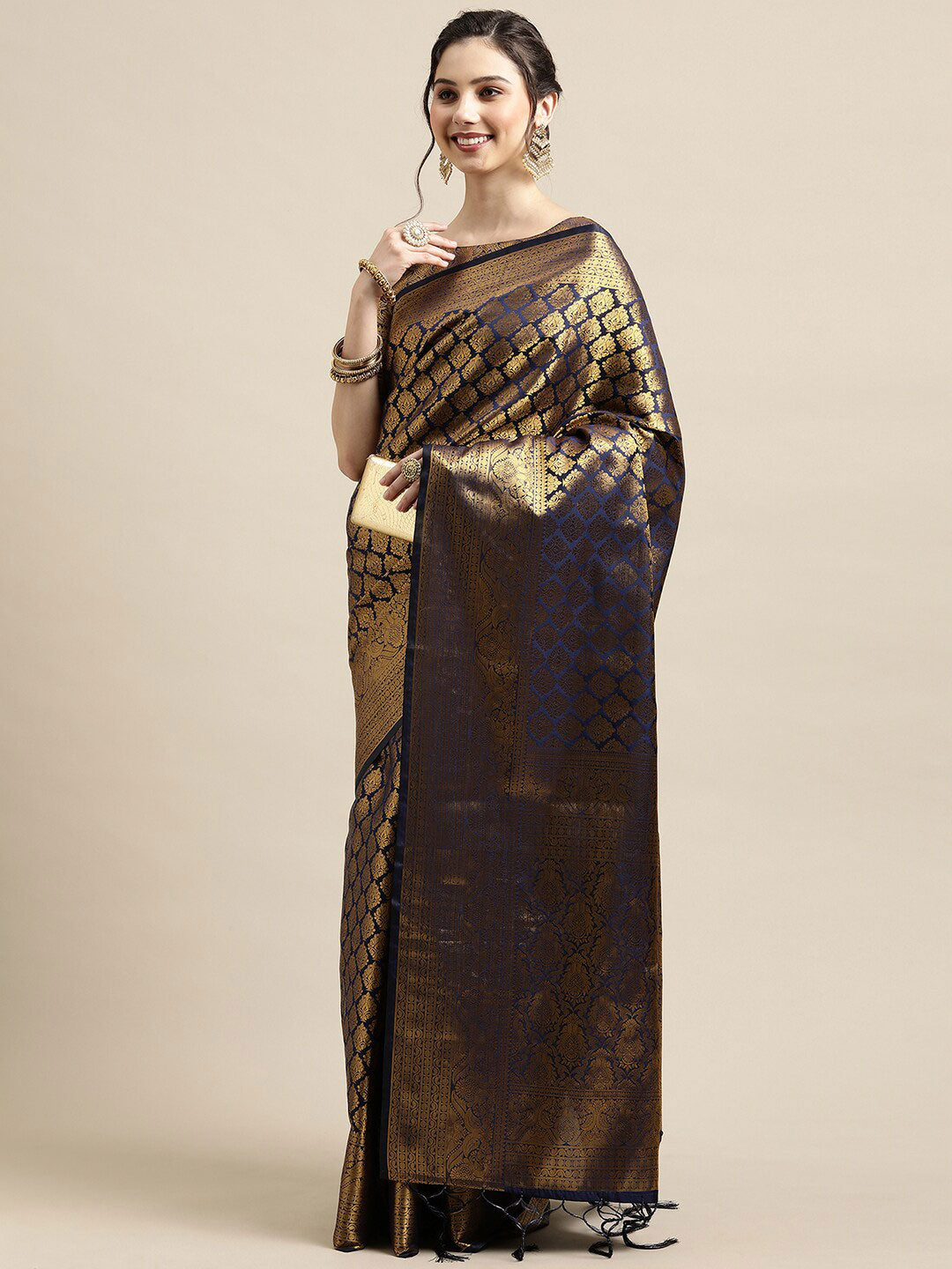 Saree Mall Navy Blue & Gold-Toned Ethnic Motifs Zari Silk Blend Banarasi Saree