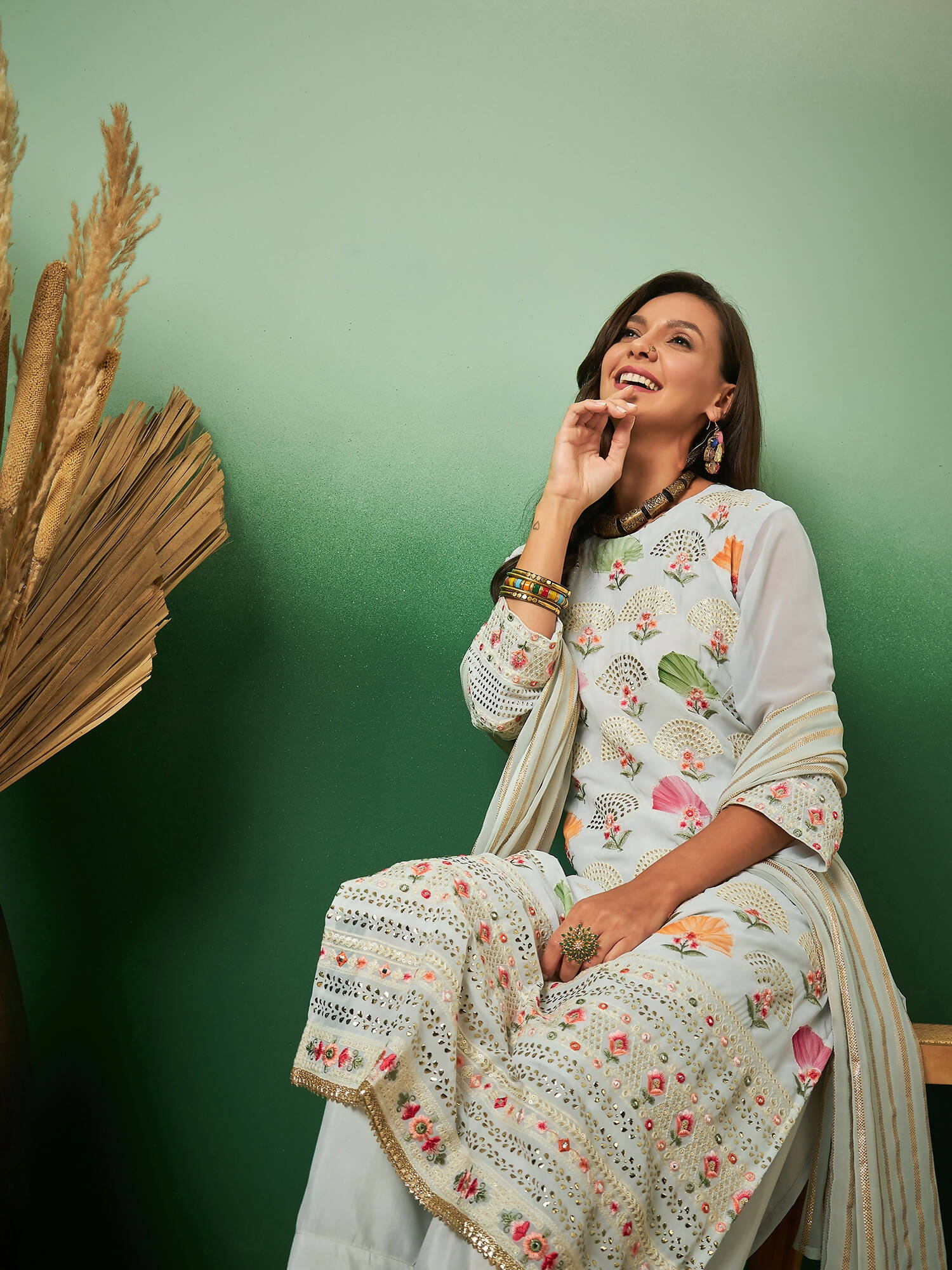 Light Blue Georgette Handwork Unstitched Dress Material - Hanika
